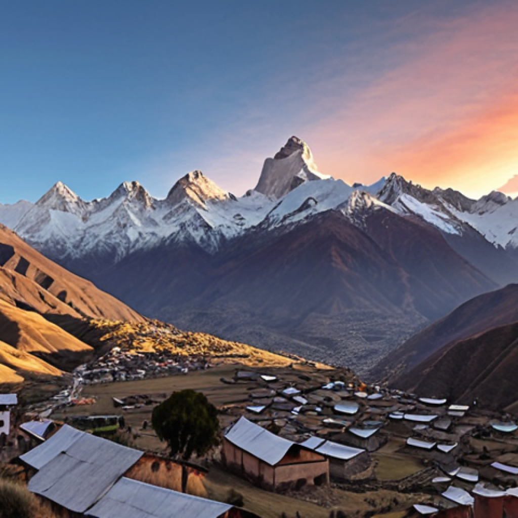 **A panoramic view of the Andes Mountains at sunrise. Capture the majesty of the snow-capped peaks, with a Condor soaring in the foreground. In the distance, visualize a small village nestled in the valley, showcasing the traditional lifestyle of the local people.**