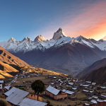 **A panoramic view of the Andes Mountains at sunrise. Capture the majesty of the snow-capped peaks, with a Condor soaring in the foreground. In the distance, visualize a small village nestled in the valley, showcasing the traditional lifestyle of the local people.**