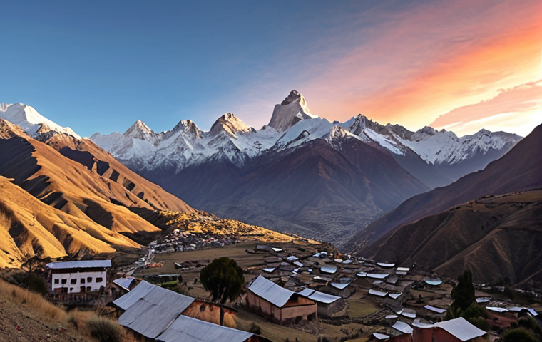 **A panoramic view of the Andes Mountains at sunrise. Capture the majesty of the snow-capped peaks, with a Condor soaring in the foreground. In the distance, visualize a small village nestled in the valley, showcasing the traditional lifestyle of the local people.**