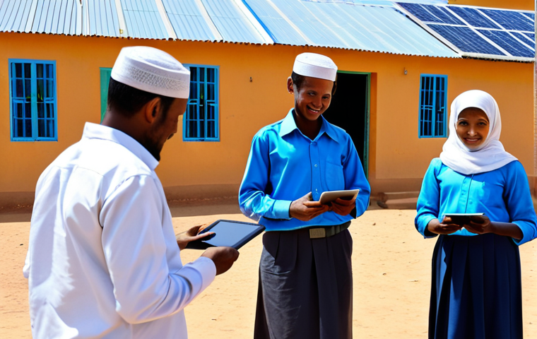 **
A brightly colored, modern school building in a Mauritanian village. Children, fully clothed in modest school uniforms, are happily engaged in using tablets for learning. Teachers, in professional attire, are assisting them. Solar panels are visible on the roof, symbolizing sustainable energy. Background shows a clean, well-maintained environment. Safe for work, appropriate content, fully clothed, professional, family-friendly, perfect anatomy, correct proportions, natural pose, well-formed hands, proper finger count, natural body proportions.
**