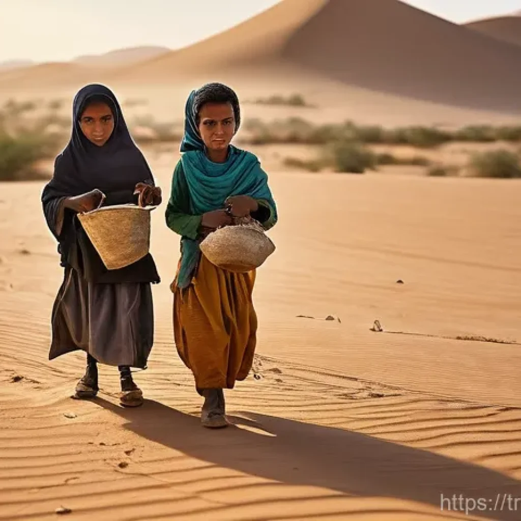 모리타니 인권 상황 - **Prompt:** A group of young children, no older than 12, are diligently working in a sun-drenched, a...