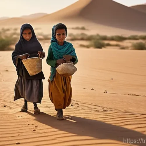 Home 20 모리타니 인권 상황 - **Prompt:** A group of young children, no older than 12, are diligently working in a sun-drenched, a...