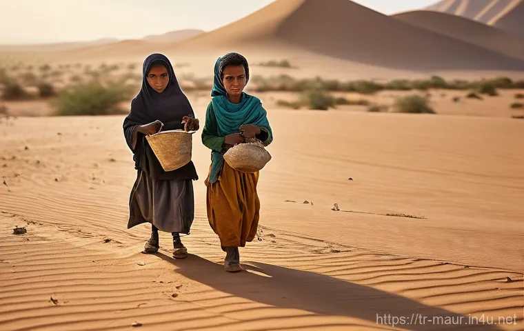 모리타니 인권 상황 - **Prompt:** A group of young children, no older than 12, are diligently working in a sun-drenched, a...